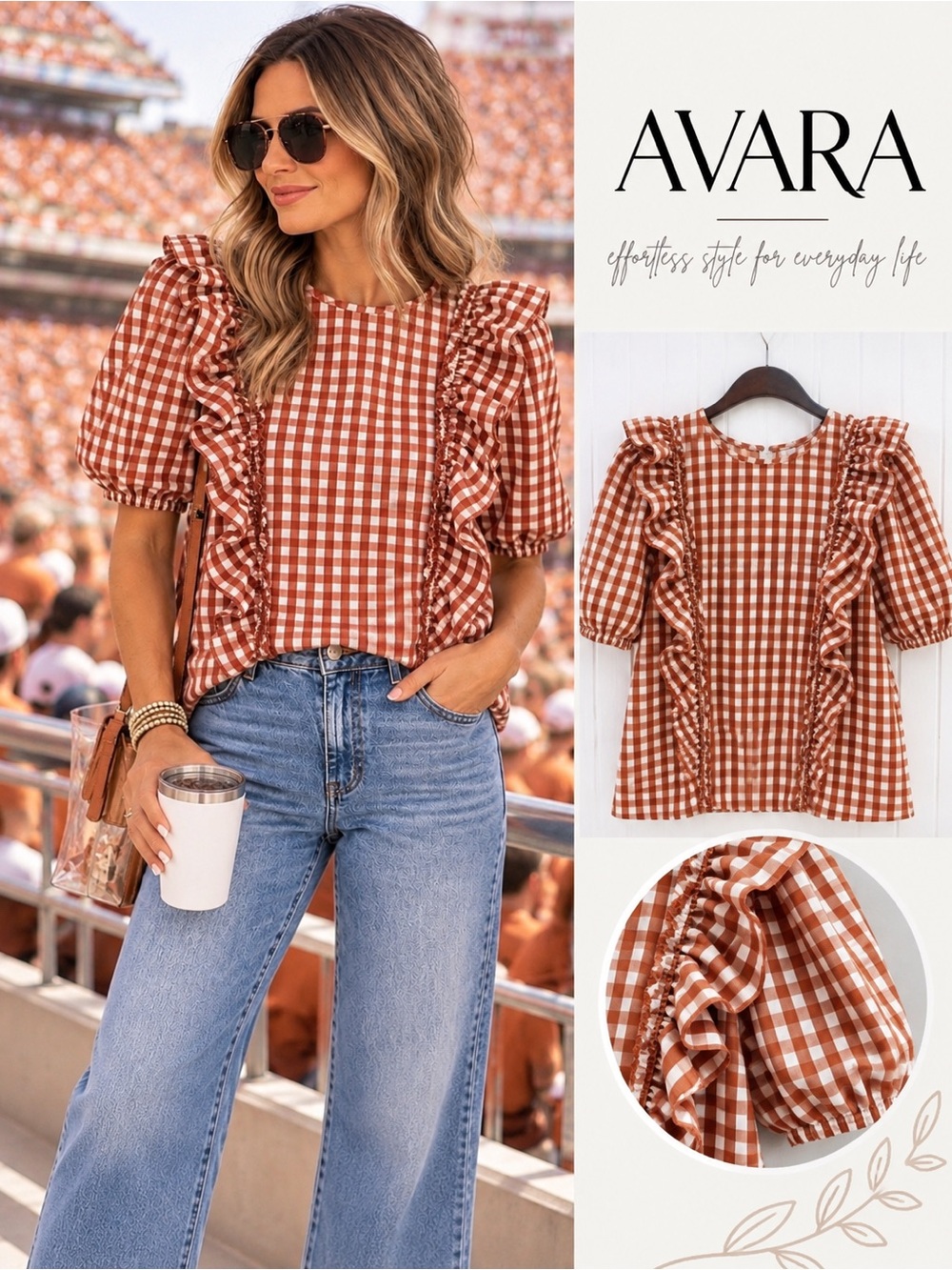 Avara Gingham Ruffle Puff Sleeve Top